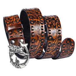 Surrycee Cowboy Western geprägte echte Leder -Freizeitgürtelgürtel Gravures Blumenschnalle Gürtel Tiger Design Schnalle Gürtel für Männer, 38 mm breit,Braun,135cm/waist:46"~48" von Surrycee