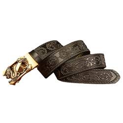 Surrycee Goldener 3D-Drachengürtel für Männer Ratschengürtel mit abnehmbarer Schnalle 35 mm Ledergürtel, Echtledergürtel mit Blumengravur im Modestil,Schwarz,125cm/waist:42"~44" von Surrycee