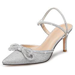 Susanny Damen Strasssteine mit geschlossenem Zehenbereich, Hochzeit, niedriger Absatz, Slingback, transparente Kätzchenabsätze, verstellbarer Riemen, Silberglitzernde Schleife, 37.5 EU von Susanny