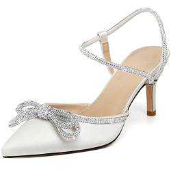 Susanny Damen Strasssteine mit geschlossenem Zehenbereich, Hochzeit, niedriger Absatz, Slingback, transparente Kätzchenabsätze, verstellbarer Riemen, Weiß glitzernde Schleife, 42.5 EU von Susanny