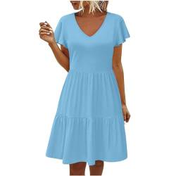 Midi Freizeitkleid Damen Sommerkleid Knielanges Kleid Einfarbiges Sommerkleider Teenager Mädchen Rüschen Lose Strandkleid Lang V-Ausschnitt Und Kurzen Ärmeln A-Linie Kleider Damen Strandkleid von Susenstone