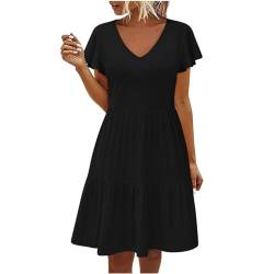 Midi Freizeitkleid Damen Sommerkleid Knielanges Kleid Einfarbiges Sommerkleider Teenager Mädchen Rüschen Lose Strandkleid Lang V-Ausschnitt Und Kurzen Ärmeln A-Linie Kleider Damen Strandkleid von Susenstone