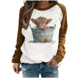 Pullover Damen Langarm T Shirt Mode Kuh-Element Drucken Rundhalsausschnitt Langarmshirt Elegant Vintage 3D Kuh Druck Oberteil Pulli Longshirt Sweatshirt Shirts Tunika Tops von Susenstone