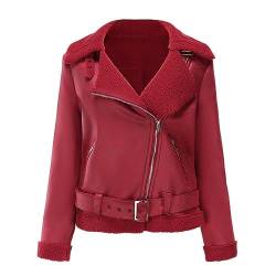 Susenstone Damen Faux Pelz Fleece Revers Wildleder Jacke Bikerjacke Motorradjacke Lederjacke mit Gürtel Revers Mantel Herbst Winter Pelz Warm Wildleder Jacke Kurze Mantel Winterjacke Jacke von Susenstone