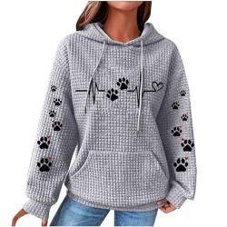 Susenstone Pullover Damen Kapuzenpullover Hoodie Hund Pfote Herz Drucken Rundhals Langarm Sweatshirt mit Kapuze Herbst Winter Warm Pulli Oberteile Mode Waffel Kapuzenpulli mit Taschen Outwear von Susenstone