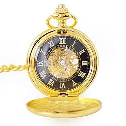 Mechanische Taschenuhr mit Kette, Taschenuhr, klassische Vintage-Anhängeruhr, Taschenuhr-Halskette mit Kette, Goldmuster, handgefertigte Taschenuhr, dekorative mechanische Taschenuhr für Herren (Golde von Suuim