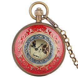 Suuim Mechanische Taschenuhr mit Kette, Taschenuhr-Halskette mit Kette, große mechanische Taschenuhr aus reinem Kupfer, doppelseitige Epoxidharz-Oberfläche, Tourbillon-Taschenuhr-Anhänger (rot) von Suuim