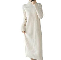 Suvoiier Damen-Strickkleid lässig halbhoher Ausschnitt Pullover-Kleider lockerer Boden Midi-Kleid Beige M von Suvoiier