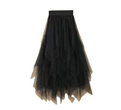 Unregelmäßige Tüllröcke für Damen, elastisch, hohe Taille, Netzrock, plissiert, lange Röcke, Midirock, Schwarz , 44 von Suvoiier