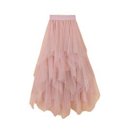 Unregelmäßige Tüllröcke für Damen, elastisch, hohe Taille, Netzrock, plissiert, lange Röcke, Midirock, rose, 40 von Suvoiier