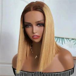 Blonde Haar-Perücke, Ombré-Orange, Lace-Front, kurze Bob-Perücke, Remy-Echthaar, für schwarze Frauen, Ombré-Stil, 68 cm, 20,3 cm von Suwequest
