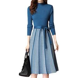 Herbst Winter Patchwork Langarm Pullover Kleid Frauen Gestrickt A-Linie Faltenkleid Damen Schnürung, blau, Medium von Suwequest