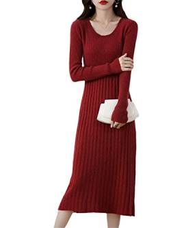 Kaschmirpullover Damen Strickkleider Wolle Herbstkleid Winter Damen Pullover Lässig Lange Röcke Red XL von Suwequest