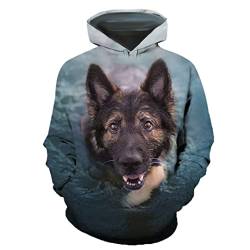 Lässiger Deutscher Schäferhund Tier Hund 3D Druck Herren Rundhals Hoodie Tops T-Shirt Paar Hoodie, blau, X-Small von Suwequest