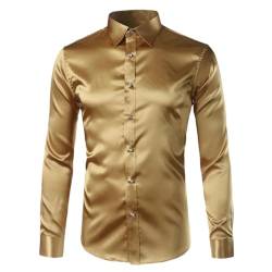 Seidenhemd für Herren, Satin, einfarbig, Smoking, Hemd, Business, Chemise, Zuhause, lässig, schmale Passform, glänzende Hemden, gold, XL von Suwequest