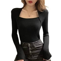 Suwequest Damen Pullover Pullover Langarm Top Quadratischer Kragen Lässige Damen Pullover Strickwaren Pullover Black L von Suwequest