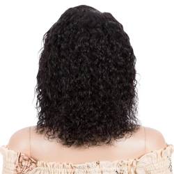Suwequest Lockige Echthaar-Perücke für Damen braune Strähnen Lace-Perücke Remy-Brasilianisches Haar Wasserwellen T-Teil Spitzen-Perücke 1B Seitenteil #35,6 cm # 180% von Suwequest