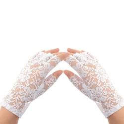 Fingerlose kurze Spitzenhandschuhe Sunblock Brauthandgelenkshandschuhe Frauen kurze Spitzenblumenhandschuhe für Hochzeitskostümzubehör (Weiß) von Suxgumoe