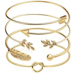 Suyi 4 Stück verstellbares Manschettenarmband Stackable Wrap Bracelet Set mit offenem Drahtarmreif für Frauen Gold von Suyi