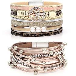 Suyi Mehrschichtiges Lederarmband-Set 2 Stück Perlen Wickelarmband Armbänder Mit Handgelenksmanschette Und Magnetschnalle Für Frauen Rosegold von Suyi