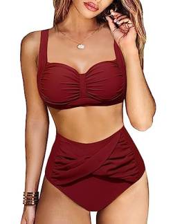 Svanco Bikini Damen Set Triangel Badeanzug Zweiteiliger Bademode Einstellbar Bikinioberteil High Waist Bikinihose Push Up Swimsuit 2 Piece Bikini Set(Rotwein,XL) von Svanco