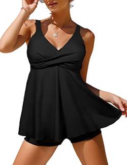 Svanco Tankini Damen Badeanzug Bauchweg Badekleid Push up Bademoden Zweiteiliger Swimsuits Baderock mit Gepolstert Oberteile und Shorts mit Gepolstert Drucken Bikini(Schwarz,M) von Svanco