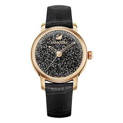 Swarovski Crystalline Hours Armbanduhr für Frauen, schwarzes Lederarmband, schwarzes Kristall, rotgold glänzendes PVD-Finish von Swarovski