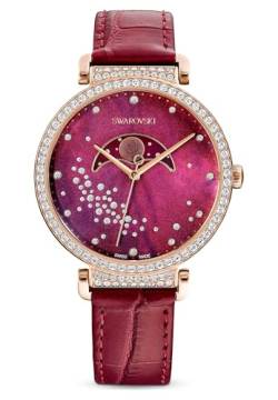 Swarovski Damen Armbanduhr Passage Moon Phase Uhr Schweizer Produktion, Mond, Lederarmband, Rot, Roségoldfarbenes Finish 5613323 von Swarovski