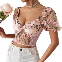 Damen Floral Stickerei Puffärmel Tops Slim Fit Korsett Crop Top Sexy Bustier Tank Top T-Shirts, Pink-f10622, Klein von Swbreety