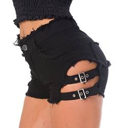 Damen Hohe Taille Denim Shorts Sexy Gothic Punk Tanz Shorts Metallschnalle Kurze Hose, Schwarz-648, Groß von Swbreety