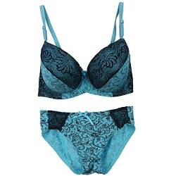 Swbreety Bequemes Push-Up-Stickerei-Set für Damen, Spitzen-BH und Höschen, Übergröße, Blau, 90E von Swbreety