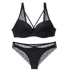 Swbreety Damen BH und Panty Set mit leicht gepolsterten Wimpern Spitze - Schwarz - 105B von Swbreety