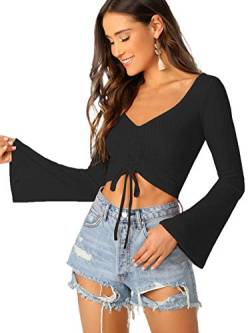 SweatyRocks Crop Pullover Damen Strick Oberteil Mit Kordelzug Geraffte Bluse V Ausschnitt Crop Top M von SweatyRocks