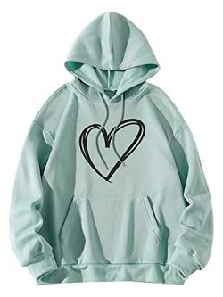 SweatyRocks Damen Casual Heart Print Langarm Pullover Hoodie Sweatshirt Tops Herz Mintgrün XL von SweatyRocks