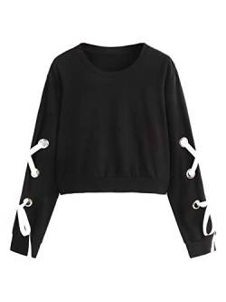 SweatyRocks Damen Casual Lace Up Langarm Pullover Crop Top Sweatshirt Solid Black Small von SweatyRocks