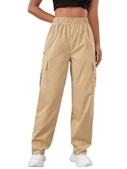 SweatyRocks Damen-Jogginghose, lässig, elastischer Bund, Workout-Cargohose mit Taschen, Khaki, XL. von SweatyRocks