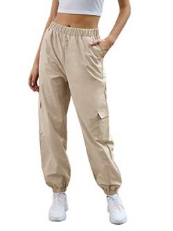 SweatyRocks Damen-Jogginghose, lässig, elastischer Bund, Workout-Cargohose mit Taschen, Khaki, XS von SweatyRocks