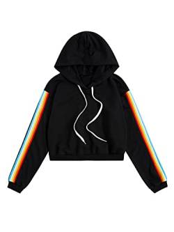 SweatyRocks Damen Langarm-Sweatshirt mit Regenbogenstreifen, Bauchfreies Top, Hoodies, Schwarz, Regenbogen, M von SweatyRocks