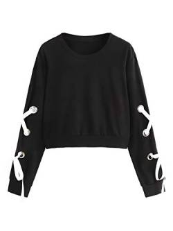SweatyRocks Damen-Pullover, lässig, mit Schnürung, langärmelig, Crop-Top, Sweatshirt, einfarbig, Schwarz, Größe L von SweatyRocks