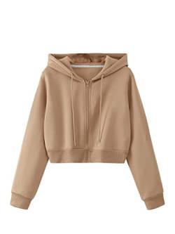 SweatyRocks Kapuzenjacke Damen Crop Hoodie Kapuzenpullover Bauchfreies Sweatshirt Pullover Mit Kapuze Khaki, L von SweatyRocks