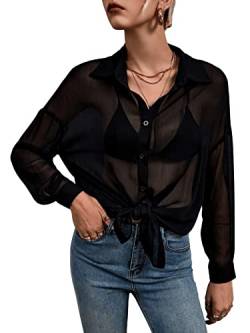 SweatyRocks Mesh Bluse Damen Durchsichtiges Oberteil Langarm Blusenshirt Mit Knöpfe Langarmshirt Netzstoff Schwarz, L von SweatyRocks