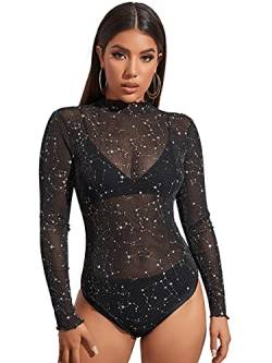 SweatyRocks Mesh Body Damen Glitzer Body Party Bodysuit Durchsichtige Body Langarmbody Mit Stehkragen Schwarz, L von SweatyRocks