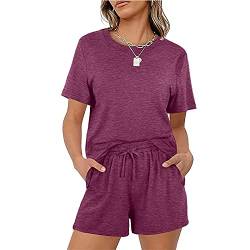 Sweatyshark Damen Zweiteilige Freizeitanzug Hausanzug Sportanzug Rundhals Kurzarm Elastischer Taille Beiläufiges Einfarbig Leisure Hose mit Taschen für Running Yoga Gym,A Violett ,XL von Sweatyshark