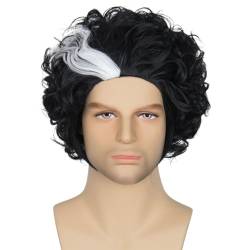 Synthetische Kurze Bob Curly Schwarz Mit Weißen Strängen Männer Erwachsene Party Kostüm Cosplay Perücke 12inches von Sweejim