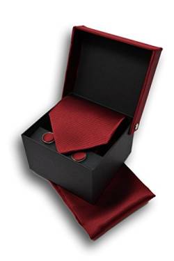 Krawatte Set mit Dunkelrote Krawatte, Einstecktuch und Manschettenknöpfe für Herren - 100% Seide - Klassisch, Elegant und Modern - (Geschenk, ideal für Männer zum Geburtstag, eine Hochzeit) von Sweet Leaf