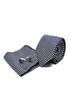 Krawatte Set mit Karierte Blaue Krawatte, Einstecktuch und Manschettenknöpfe für Herren - 100% Seide - Klassisch, Elegant und Modern - (Geschenk, ideal für Männer zum Geburtstag, eine Hochzeit) von Sweet Leaf