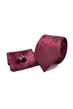 Krawatte Set mit Paisley Dunkelrot Krawatte, Einstecktuch und Manschettenknöpfe für Herren - 100% Seide - Klassisch, Elegant und Modern - (Geschenk, ideal für Männer zum Geburtstag, eine Hochzeit) von Sweet Leaf