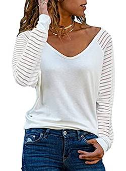 Sweezarmo Damen Casual Tops, Blusen, Gestreifte Mesh-Ärmel, Transparente Ärmel, Langarm-Blusen, V-Ausschnitt-Blusen, L,weiß,Größe von Sweezarmo