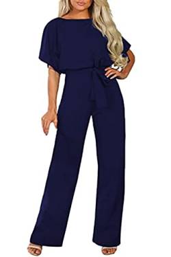 Sweezarmo Damen Elegante Halbe Ärmel Laterne Ärmel Jumpsuit Mit Gürtel Weites Bein Hose Jumpsuit L Große Blau von Sweezarmo