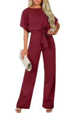 Sweezarmo Damen Elegante Halbe Ärmel Laterne Ärmel Jumpsuit Mit Gürtel Weites Bein Hose Jumpsuit M Mittel Rot von Sweezarmo